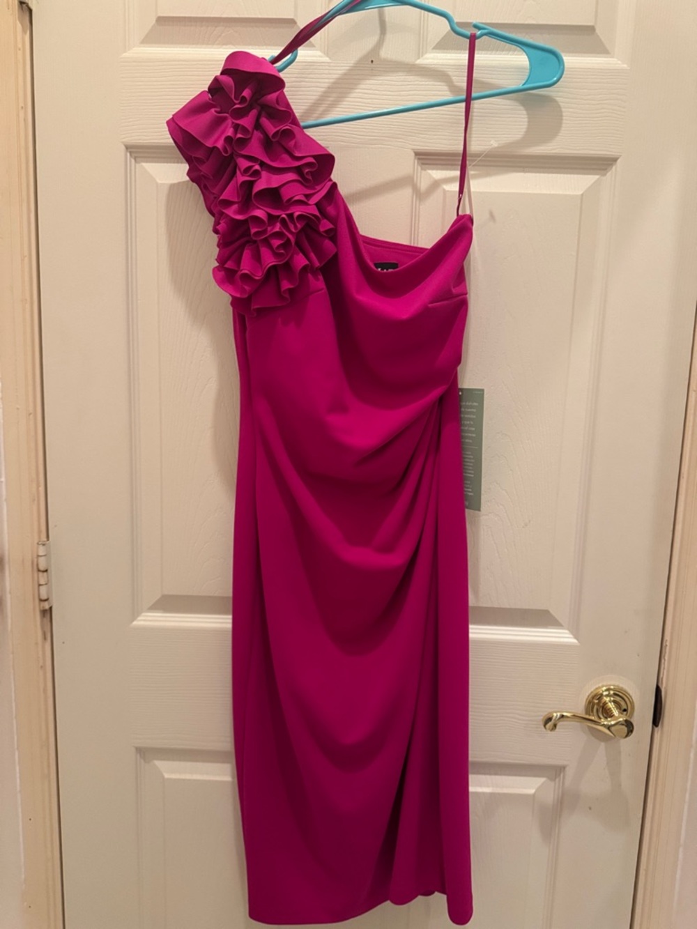 One-Shoulder Ruffle Midi Dress in Fuchsia